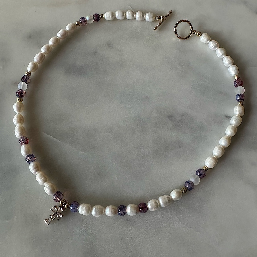 Custom Freshwater Pearl Cross Charm Necklace